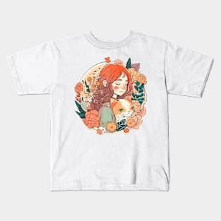 Orange Cat & Girl Kawaii Anime Retro Floral Cat Mom Kids T-Shirt